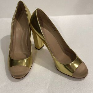 "THE ETTA", Sz 10, J. CREW, MADE IN ITALY, Satin Cap, Gold Pumps, Leather